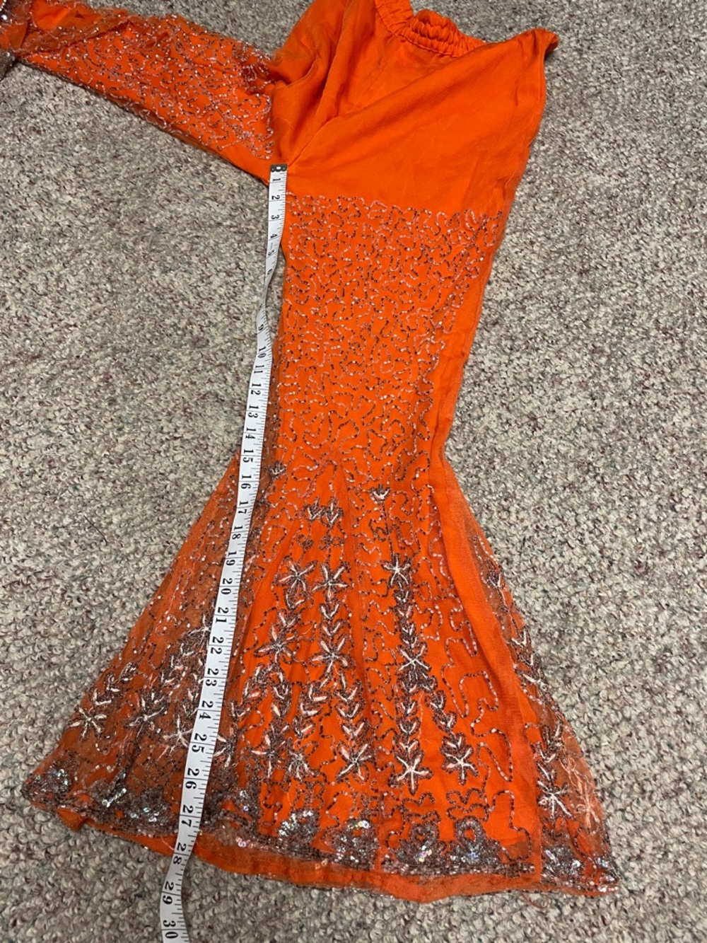 Vintage beaded sequinned super bell bottom Embellished Orange mesh Pants - Picture 9 of 13